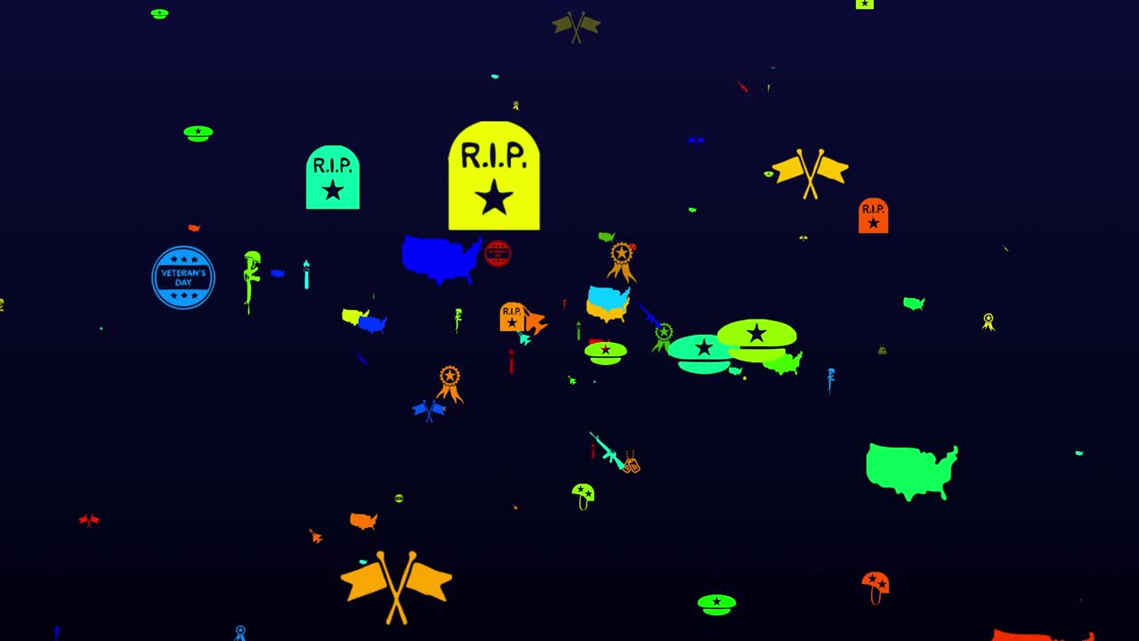 día de los veteranos. iconos de neón de fondo. patrón sin costuras. animación de bucle. pequeños iconos multicolores, ilustraciones o logotipos aparecen, vuelan lentamente sobre un fondo negro