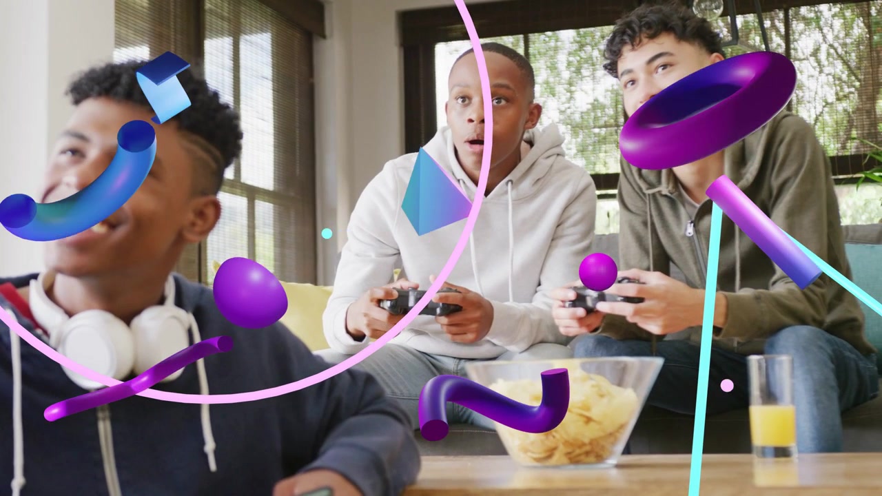 Three boys gaming couch-side, front boy tapping phone purple or blue 3D overlays sweeping over faces