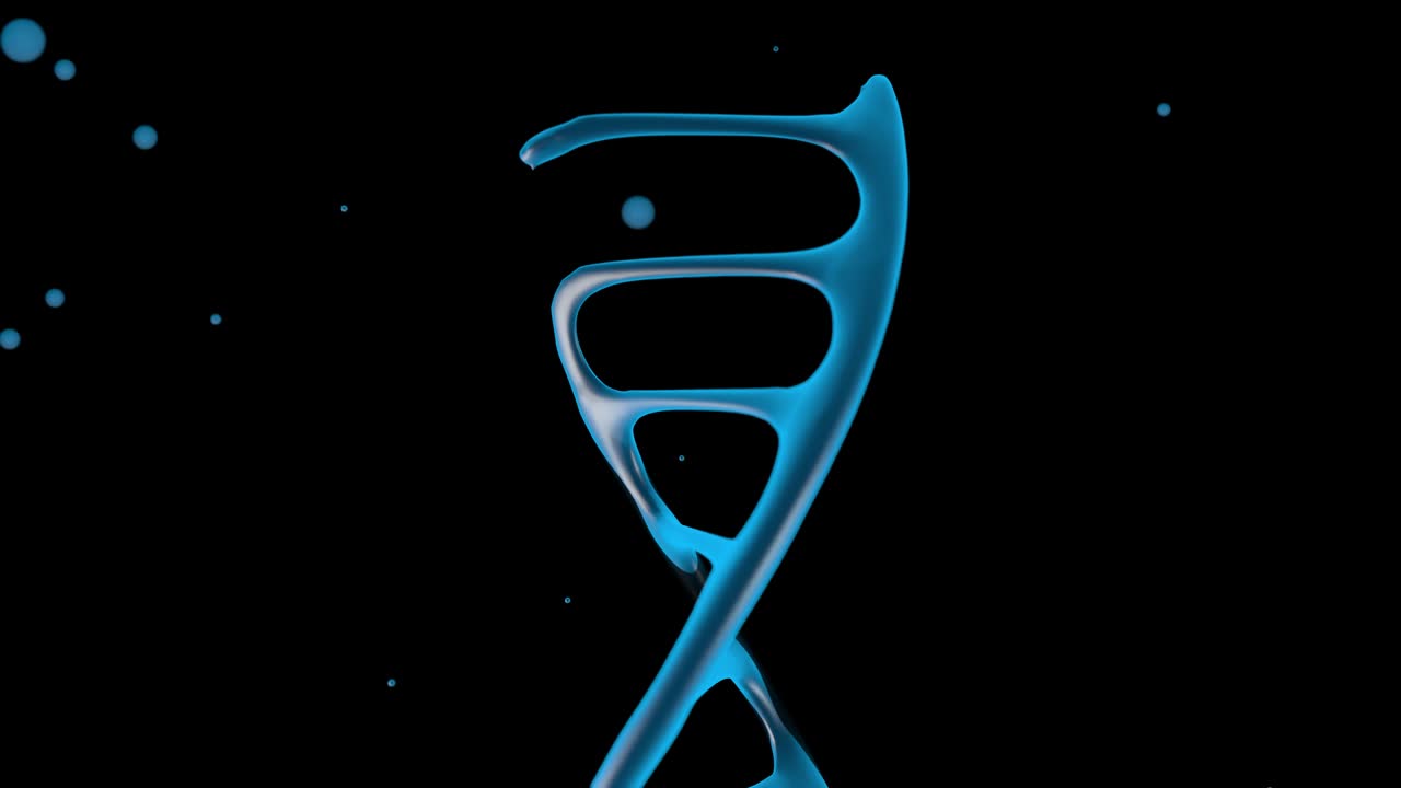 animación 3d del crecimiento del adn en el fondo negro con partículas azules. con canal alfa. la lente se mueve de abajo hacia arriba.