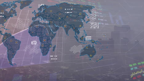 Animation-of-data-processing-and-world-map-over-cityscape