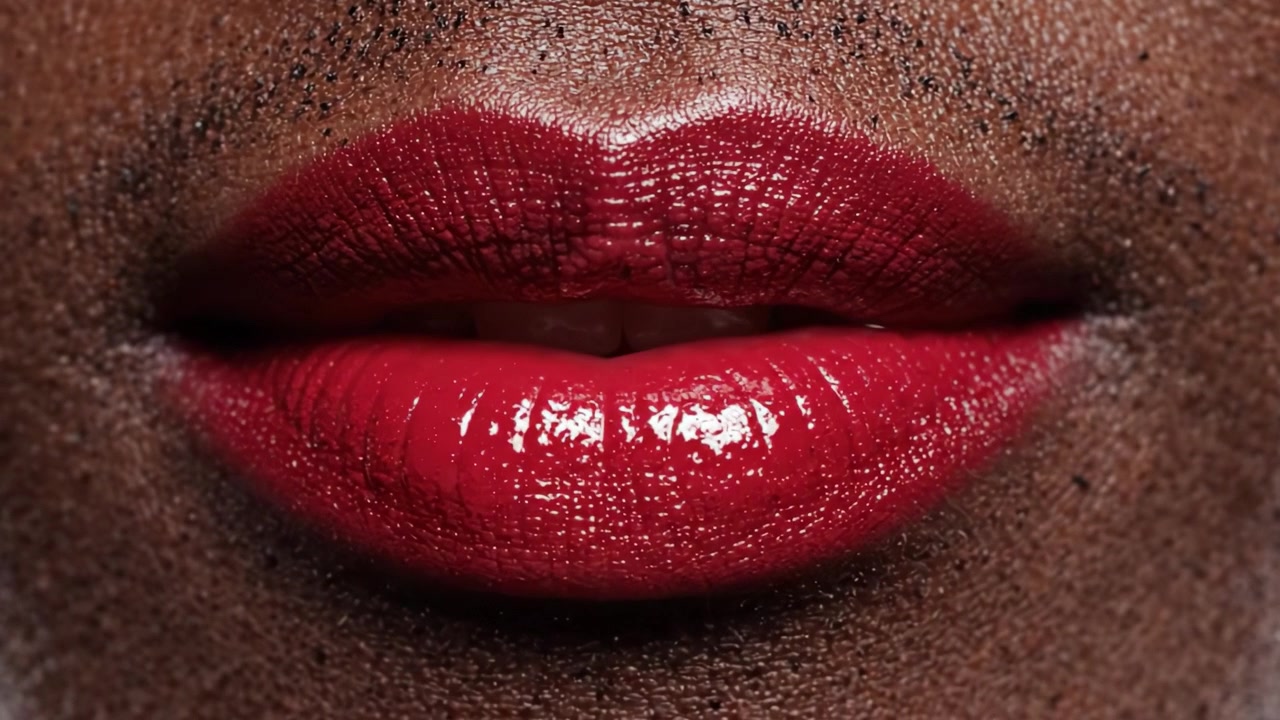 Close-up on Glossy Red Lips Showcasing a Perfect Application of Lipstick with a Bold Color and Smooth Finish Enhancing the Beauty of the Subject's Features