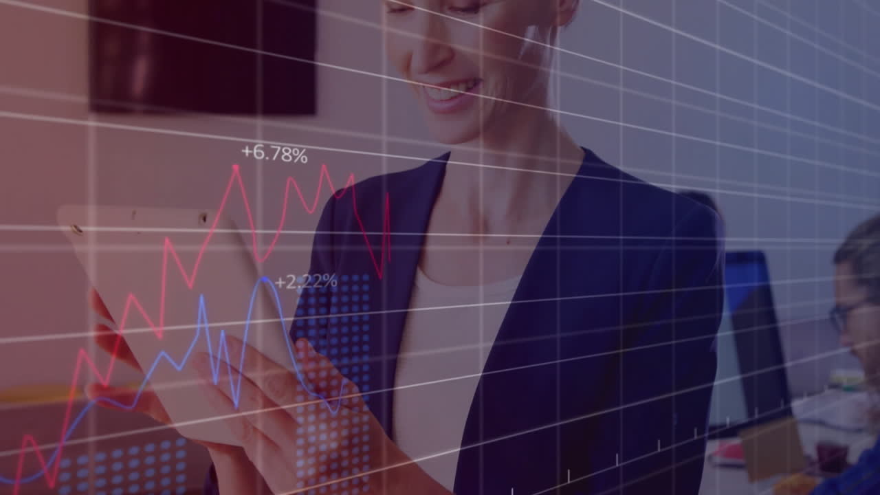 animación del procesamiento de datos financieros sobre una mujer de negocios caucásica que usa una tableta