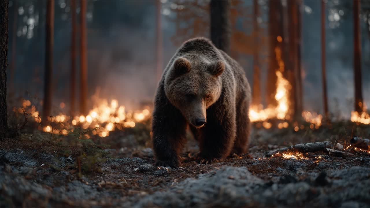 A Majestic Bear Stands Resilient Amidst a Fiery Forest, Showcasing Nature's Struggle and the Battle for Survival in a Ravaged Landscape
