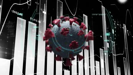 Animation-of-virus-cell-over-screen-with-moving-statistic-graphs