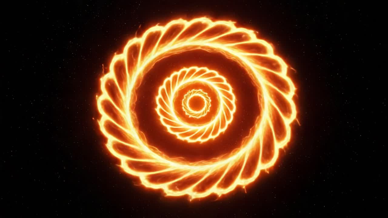 A Mesmerizing Spiral of Fiery Patterns: This Rendered Visual Displays an Intricate Design, Emanating Orange and Yellow Flames Against a Dark Starry Backdrop