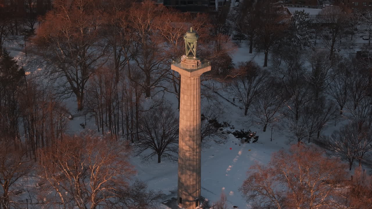 Drone shot of the Prison Ship Martyr's Monument in Fort Greene Park. Shot on a winter morning in Brooklyn, New York