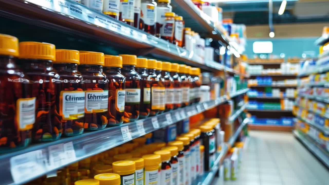 Pharmacy Shelves with Vitamins and Supplements