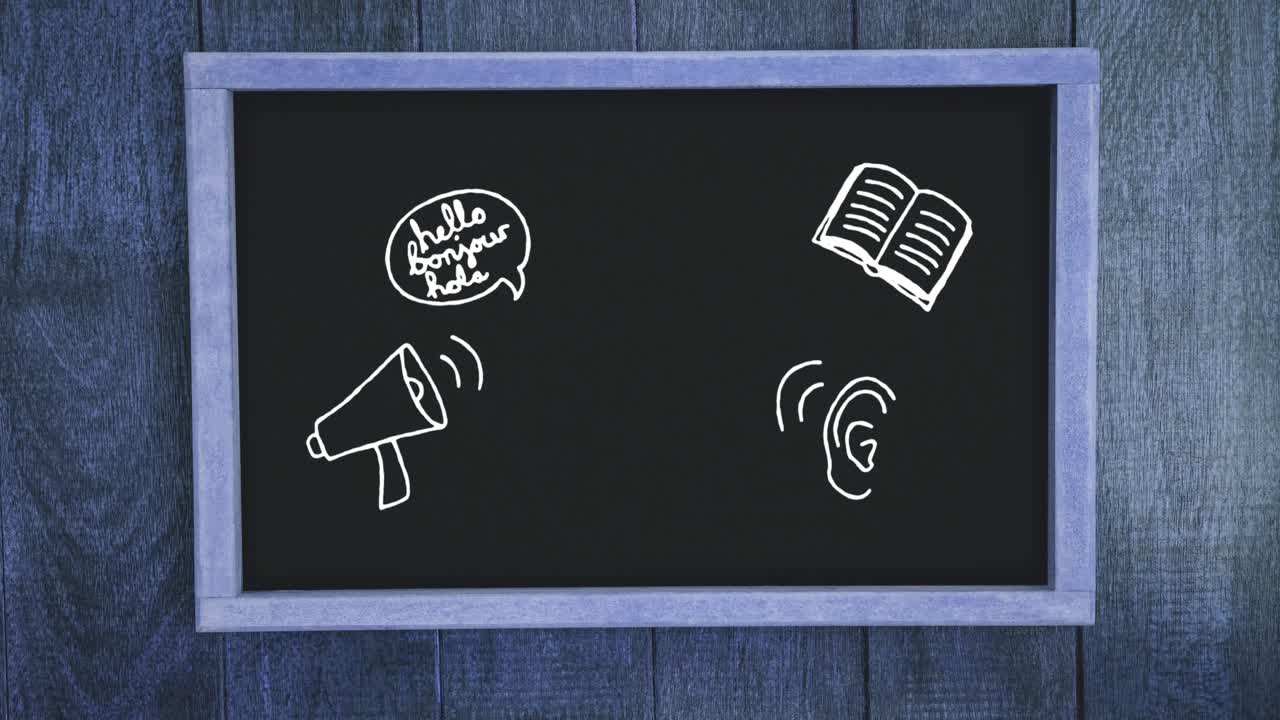 Multiple school concept icons on black board