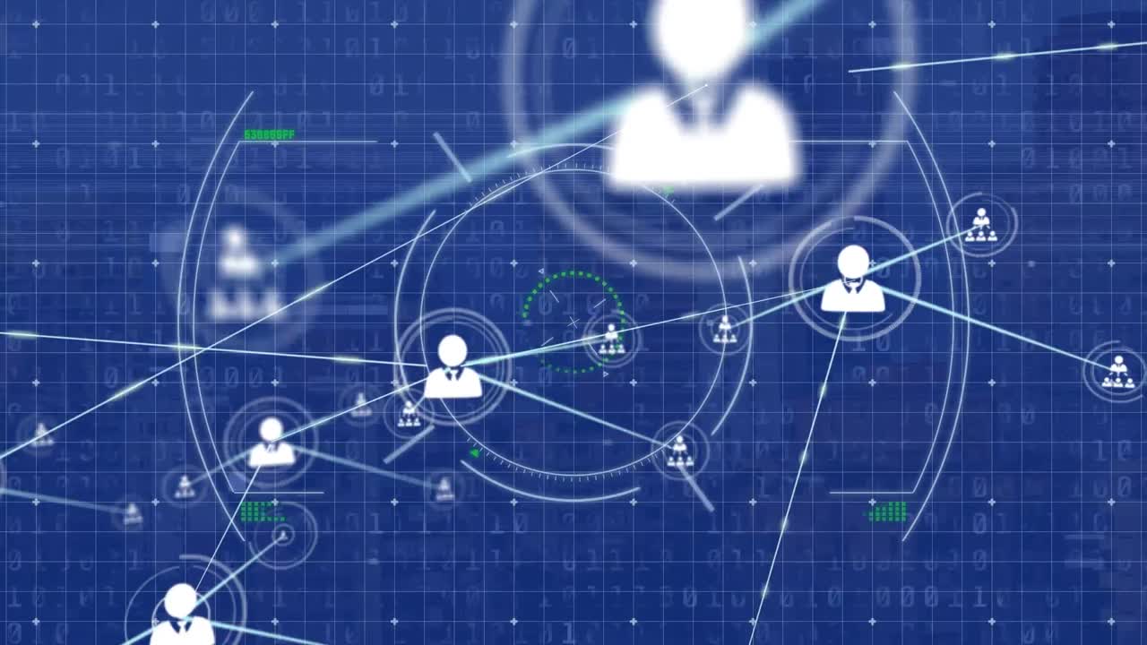 프로필 아이콘 네트워크의 애니메이션은 원과 이진 코드에 대한 선으로 연결됩니다.