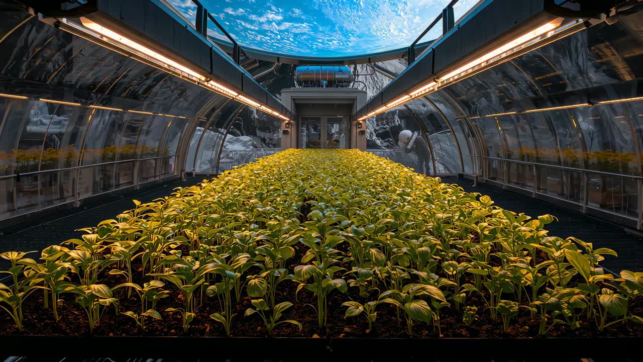 Camera moving forward, central seedling tray filling view in module, helmeted tech checking crops