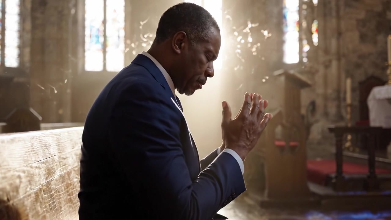 A Moment of Reflection: A Man in a Suit Contemplates Life and Spirituality in a Sunlit Church Setting, Capturing the Essence of Inner Peace and Solitude.