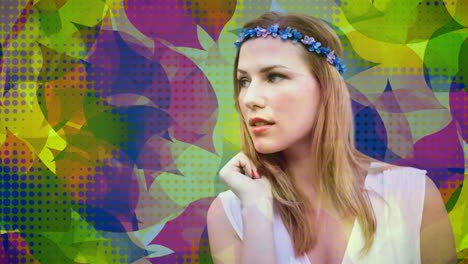 mujer joven contra hojas coloridas fondo 4k