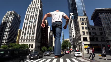 giant man walking through a city