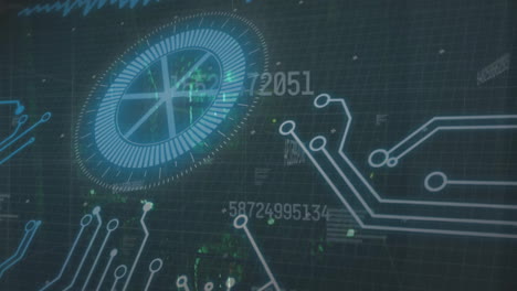 Animation-of-scope,-circuit-board-and-data-processing-over-dark-background