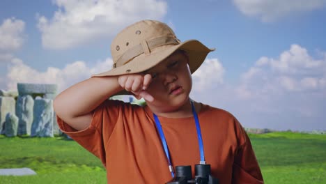 asian boy with a hat wipes his sweaty face after looking through the binoculars. boy researcher examines something while traveling in stonehenge, travel tourism adventure concept, close up