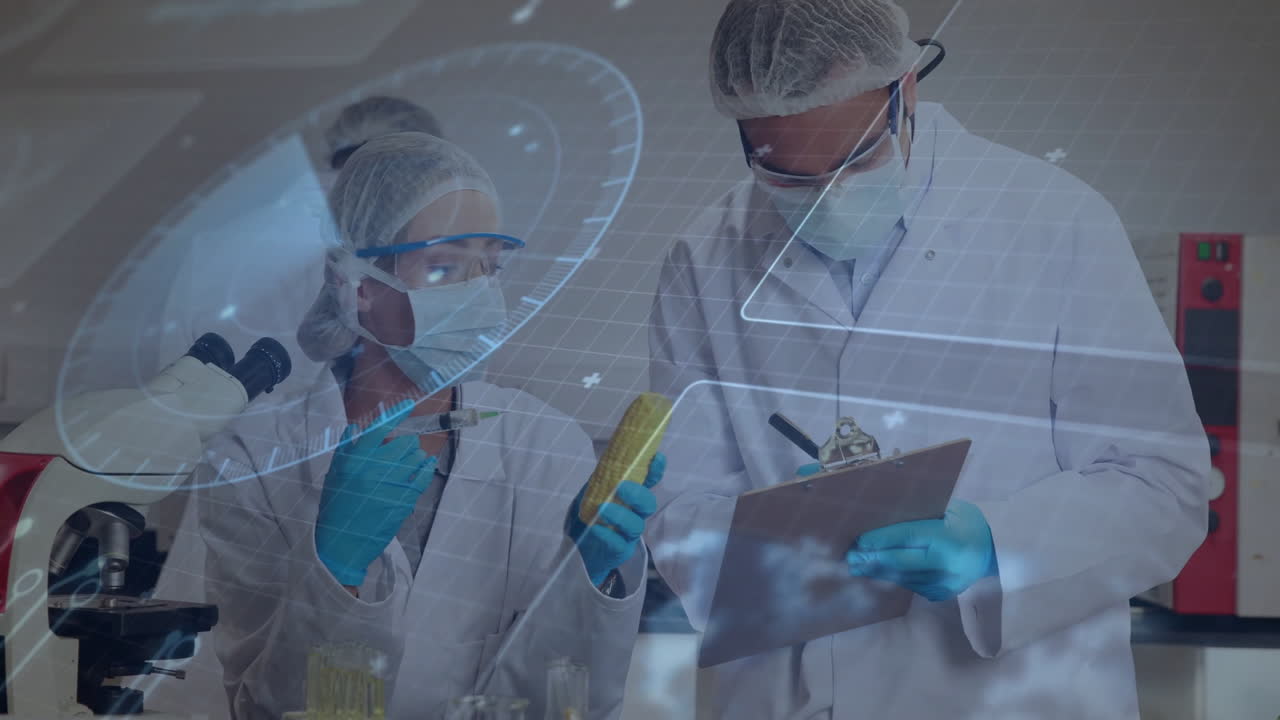 Analyzing data, scientists in lab coats using animation with futuristic technology