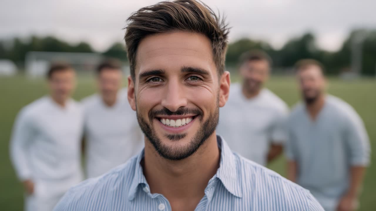 A Confident Smiling Man Poses in Front of Friends on the Soccer Field, Capturing a Moment of Joy and Camaraderie Amidst a Cloudy Outdoor Background