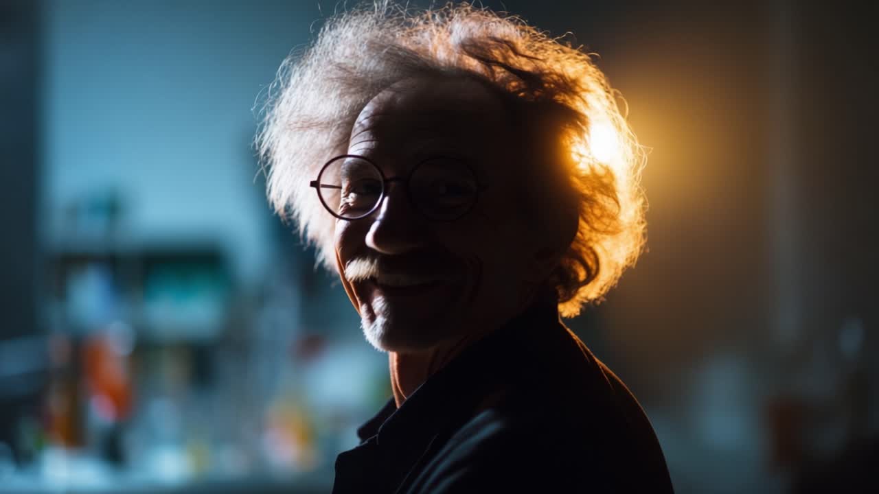 A captivating portrait of an elderly man with distinctive hair illuminated from behind, showcasing a moment of reflection and deep thought in a softly lit environment