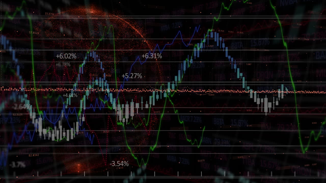 Stock market data and fluctuating graphs over digital world map animation