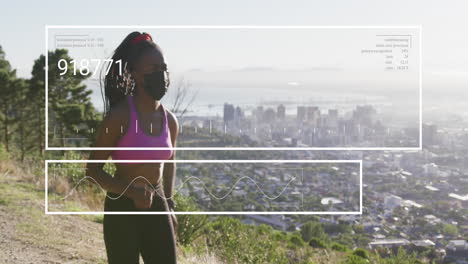 animación de números cambiantes, gráficos, mujer afroamericana corriendo con máscara