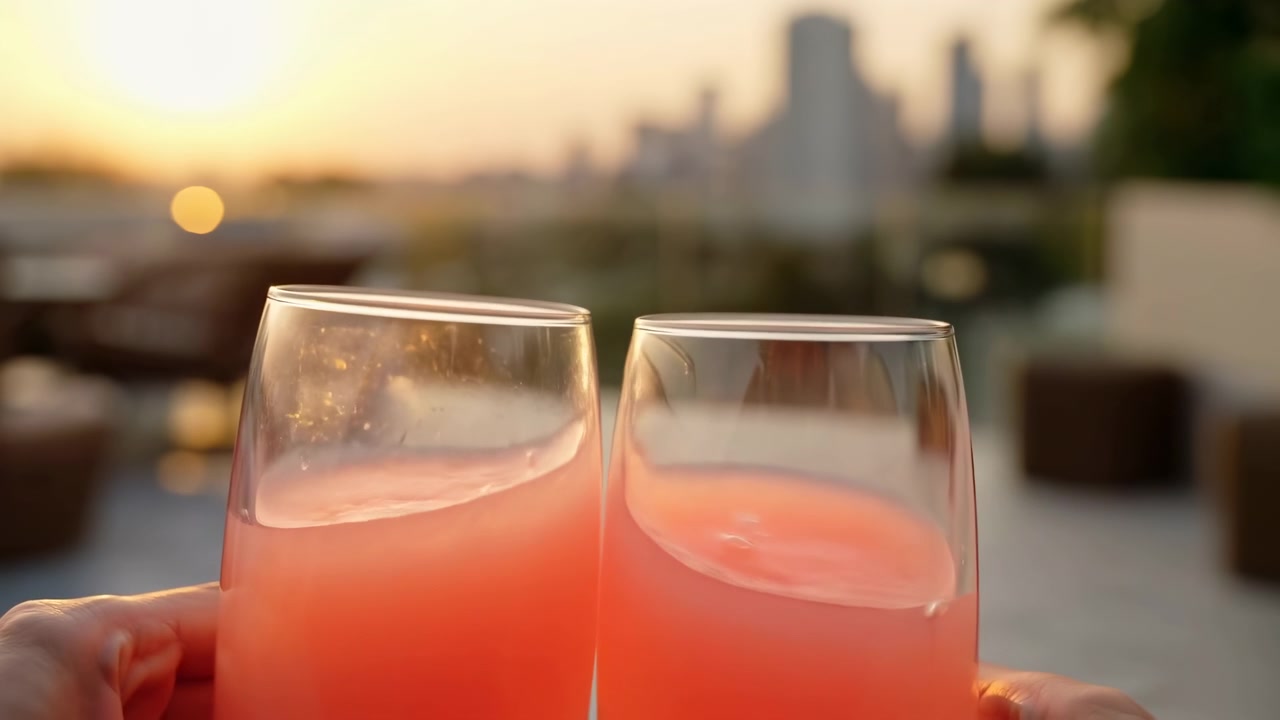 Due bicchieri trasparenti pieni di una bevanda rosa-arancio si trovano su una terrazza esterna con uno skyline cittadino leggermente sfocato dietro di essi, illuminati dalla calda luce del tramonto.