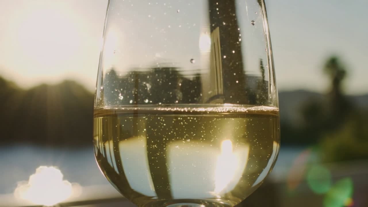 Luce solare che si sposta su un calice da vino con stelo e bollicine che salgono sul portico, creando un bagliore caldo.