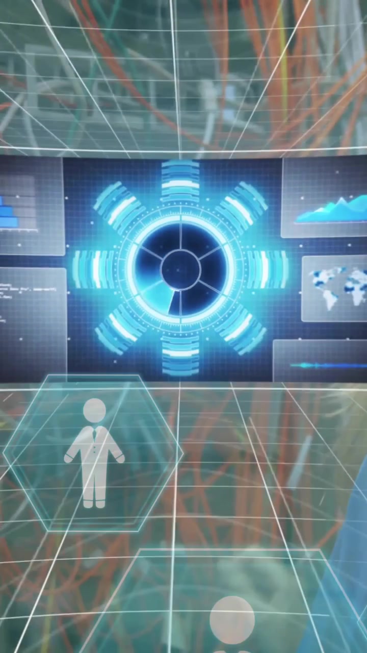Animazione di elaborazione dati e icone su donna d'affari caucasica in sala server