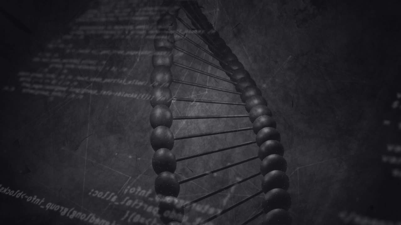 procesamiento de datos sobre la estructura del adn girando y red de conexiones contra un fondo gris