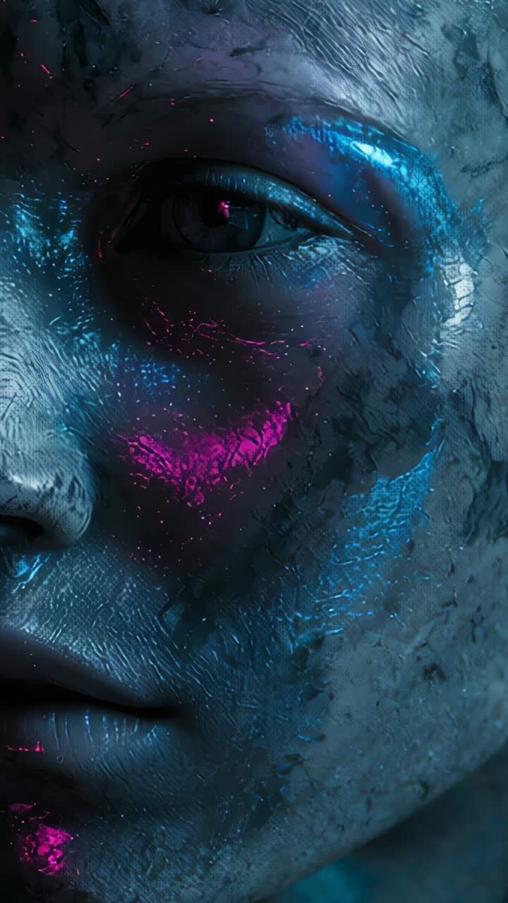 Vertical video: Blinking humanoid face closing then reopening eye in void revealing neon pigment