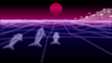 synthwave dolphins island background 3d render