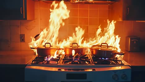 a stove top with pots and pans on it on fire