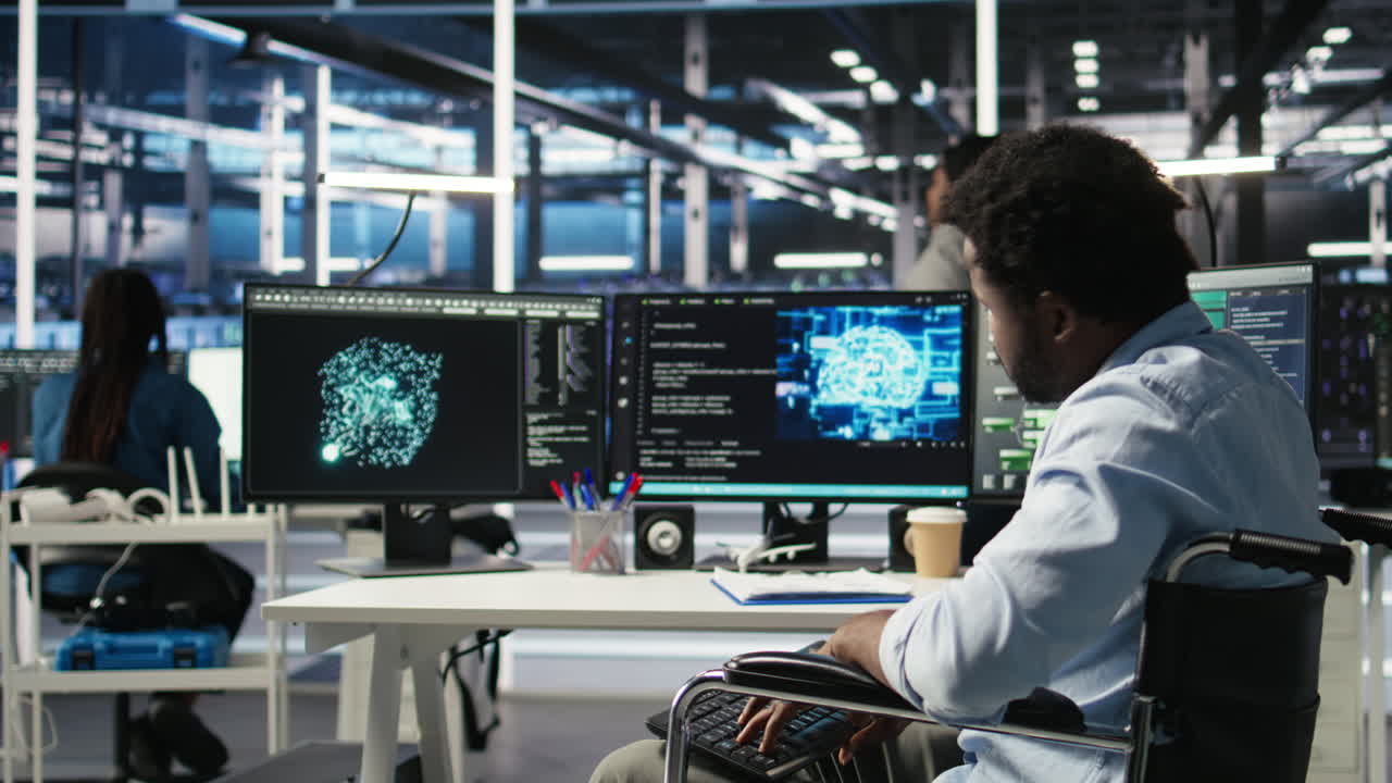 Man in wheelchair dissatisfied with server farm AI analytics metrics