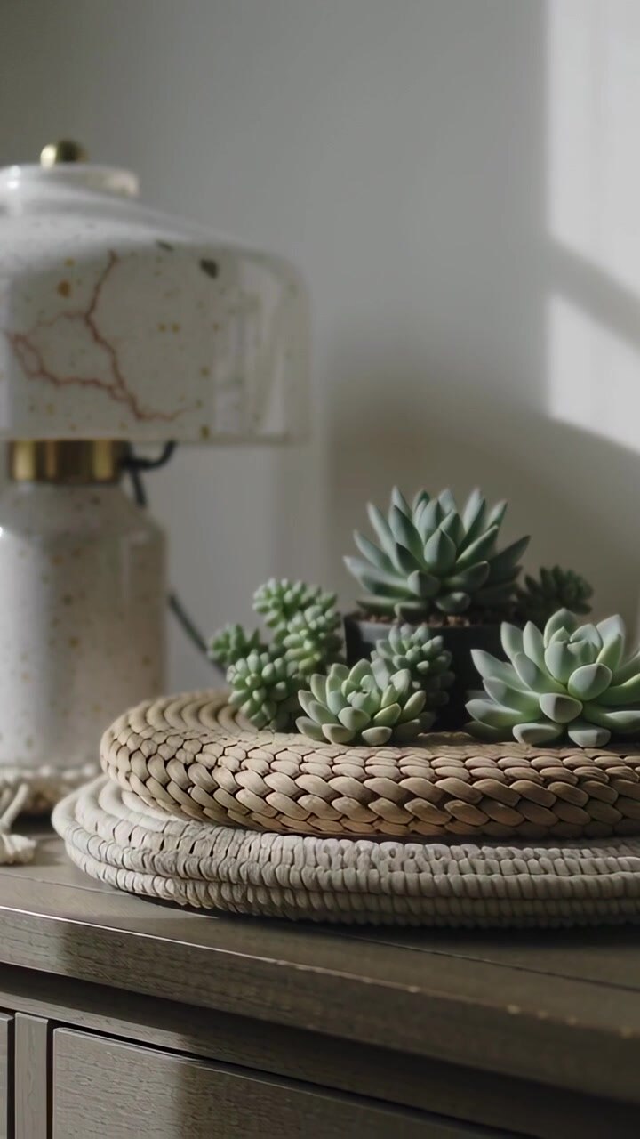 Vertical video: Panning camera showing succulents on rattan mats with lamp at home as light moving