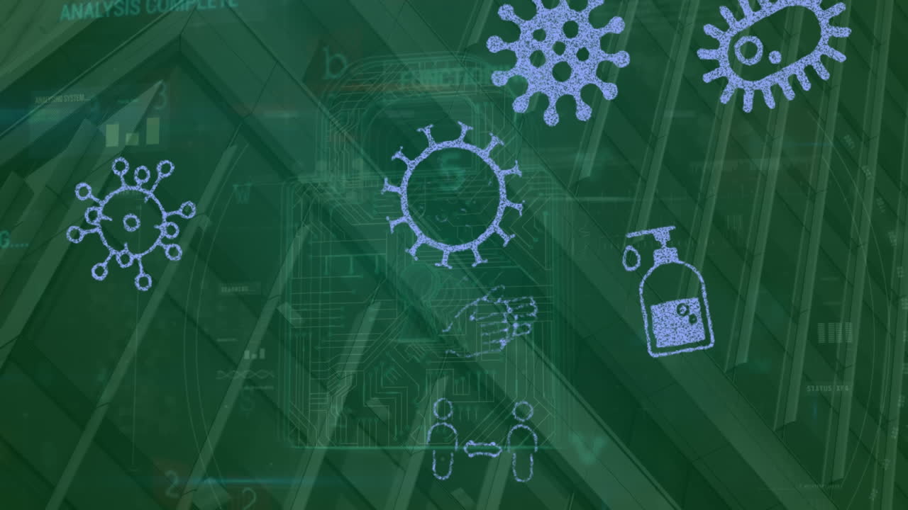 건물 및 팬데 아이콘을 통해 데이터 처리의 애니메이션.