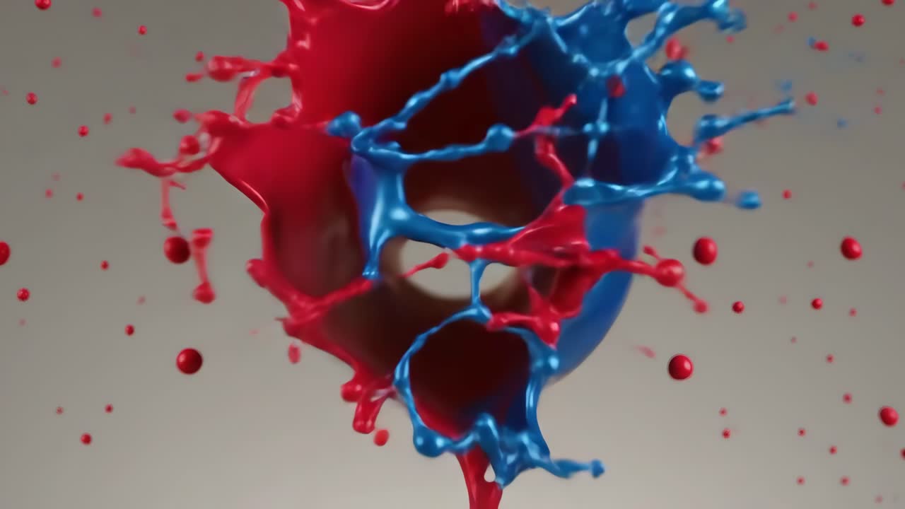 Pittura rossa e blu vibrante che schizza e si mescola al rallentatore
