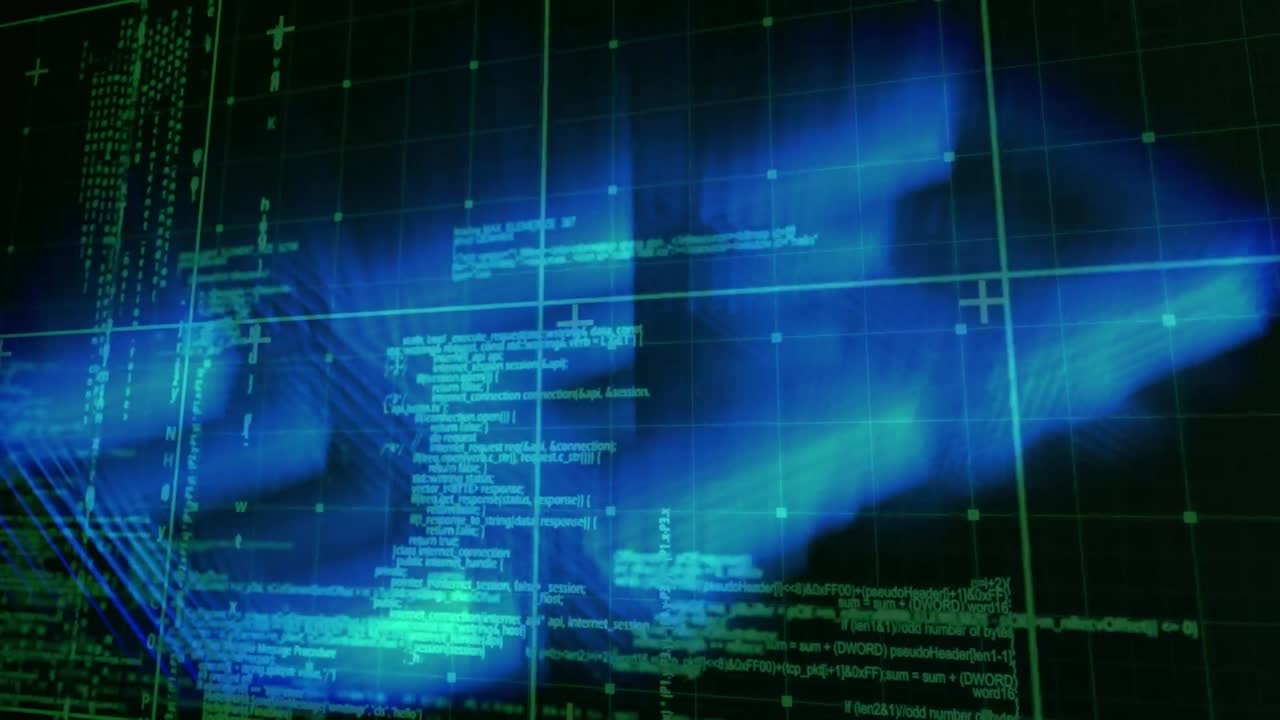 Animation of blue trails and data processing on black background
