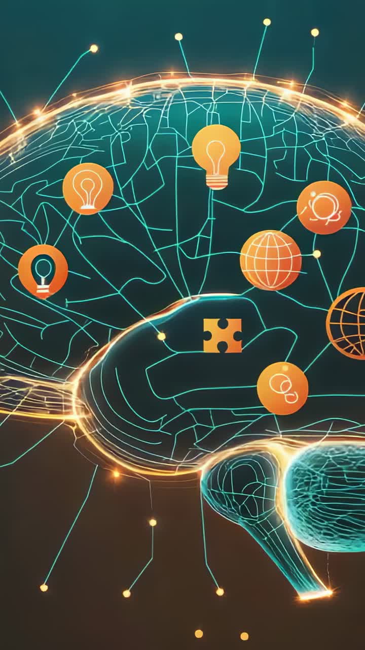 Vertical video: Opening animation rotating brain model in UI, revealing lightbulb, calendar icons