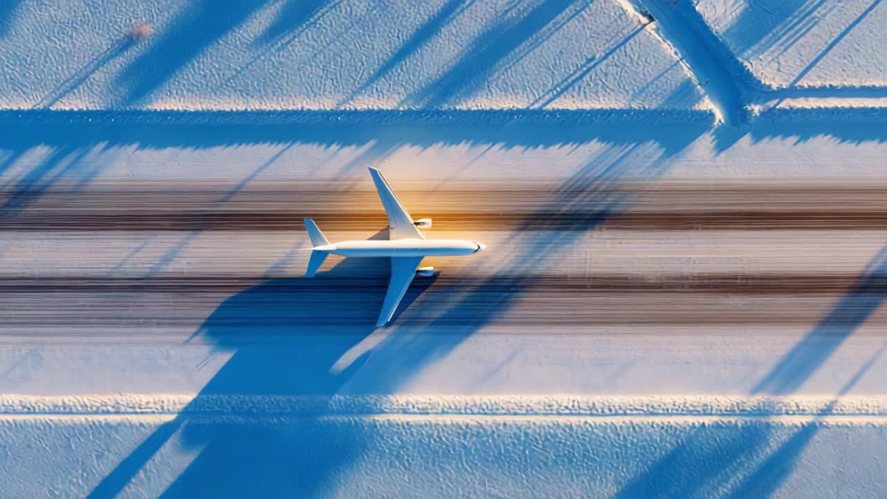 Aerial View of an Airplane Gliding Over a Snowy Landscape with Shadows Casting Over the Icy Ground, Capturing the Essence of Winter's Serenity and Stillness