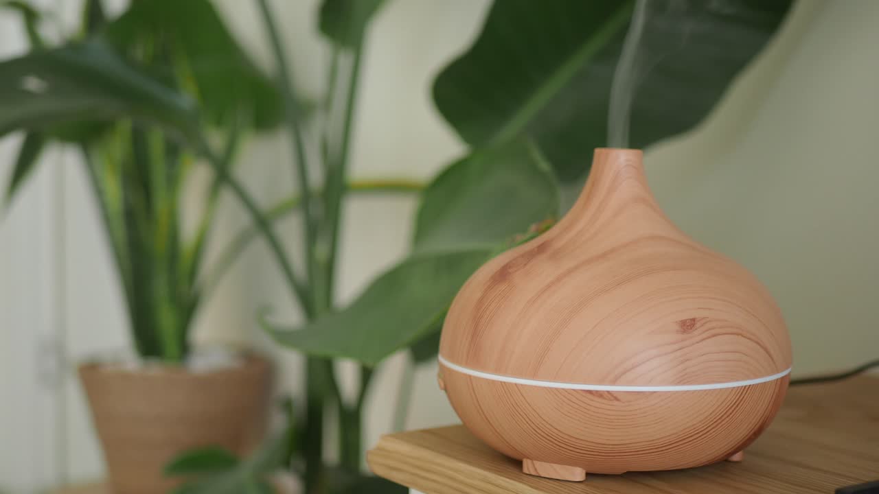 Diffuseur d'huiles essentielles émettant de la brume sur une table en bois avec une plante verte.