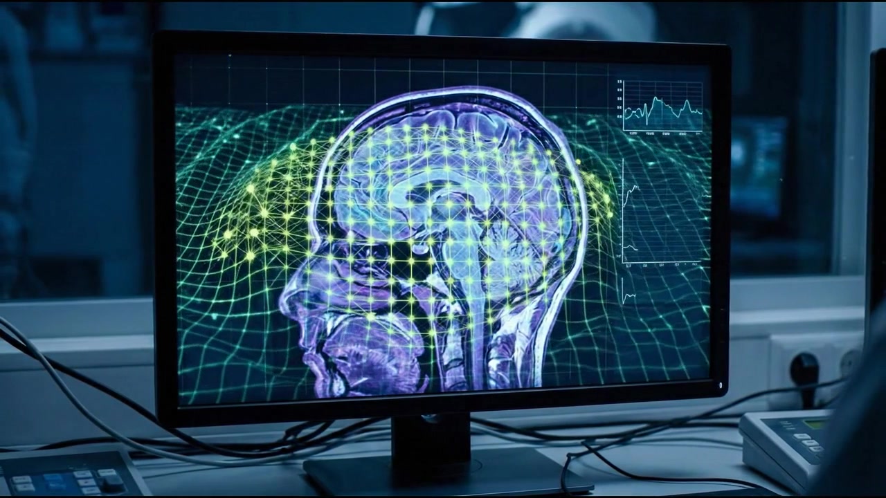 Hjerne-scanning i sideprofil vist på neurologisk diagnostisk computerskærm