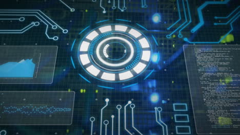 animation of interface with round scanner and data processing against close up of a computer server