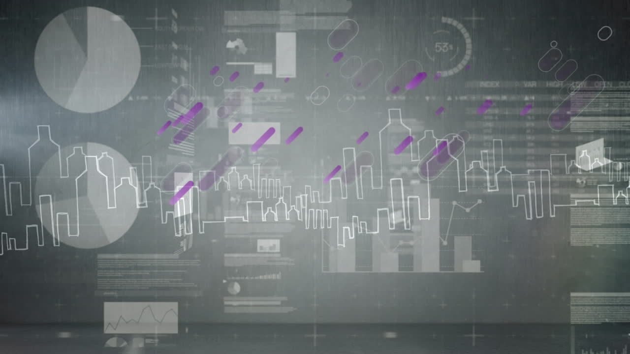 Animation of statistics and data processing over cityscape