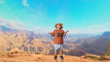asian boy with a hat standing doubtfully and asking why after looking through the binoculars. boy researcher examines something while traveling at the top of mountain, travel adventure, full body