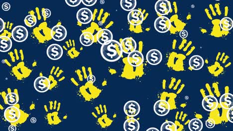 Animation-of-dollar-icons-and-hand-prints-over-navy-background