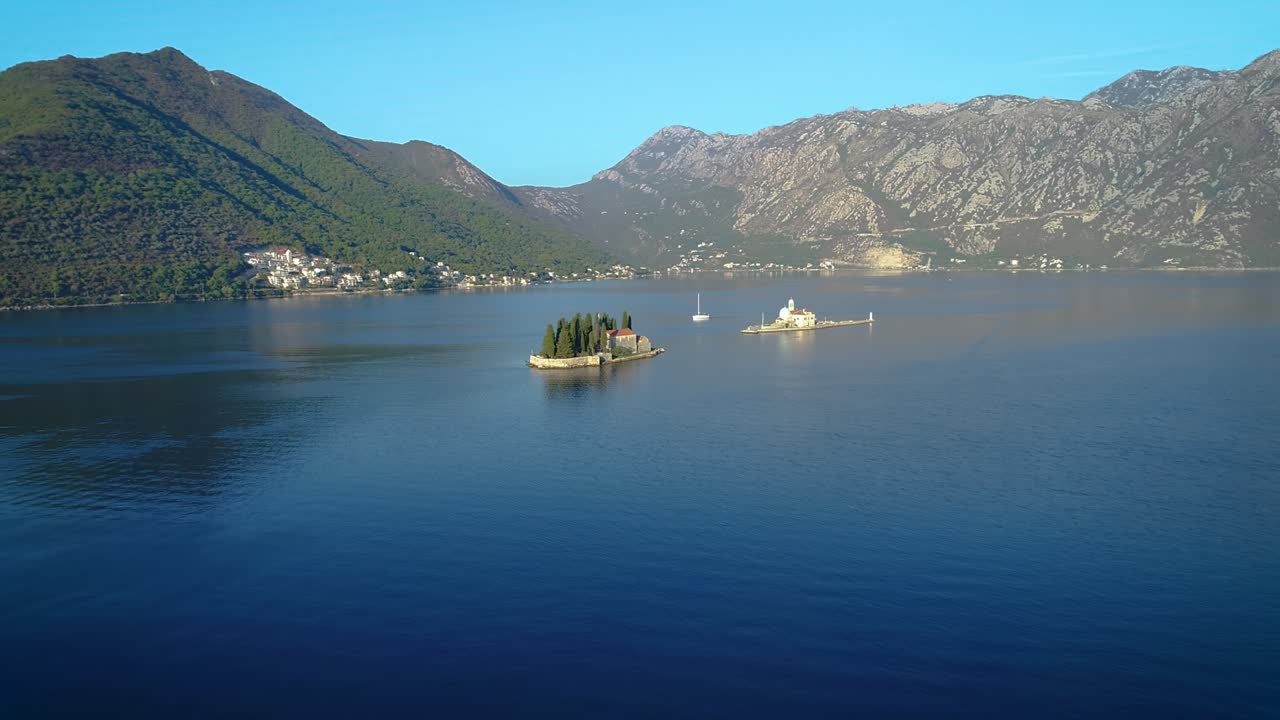 Aerial view of St. George Island and old town Perast in Montenegro