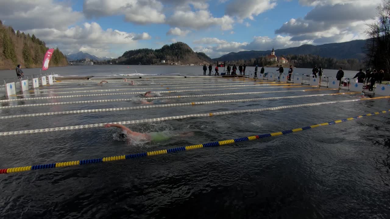 Wide shot people swimming in cold water in lake Bled, Slovenia. Winter swimming world championship