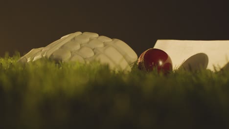 cricket still life with close up of bat ball and gloves lying in grass