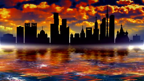 panorama of the sights of moscow. the outlines of buildings are reflected in the water.