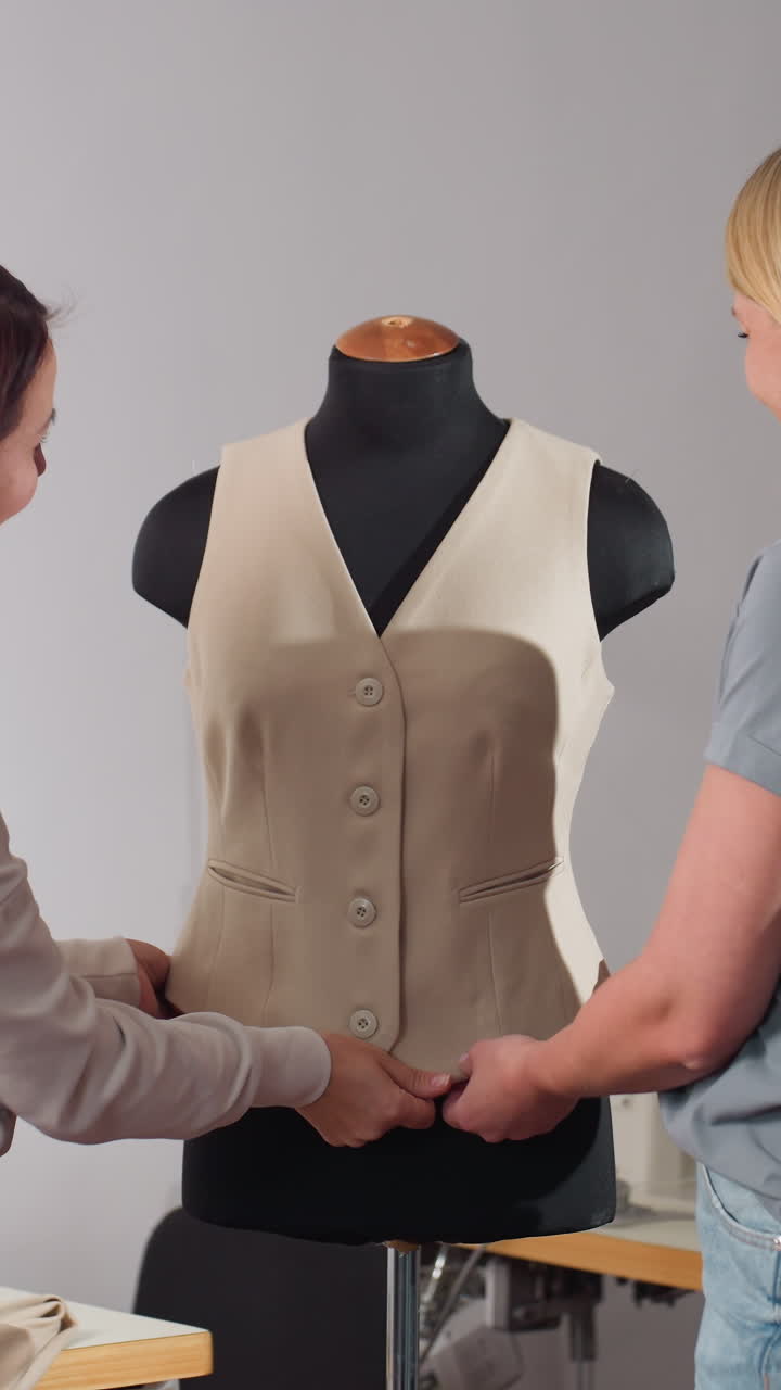 white designers adjusting vest for final fit on mannequin, hands checking symmetry, button placement and hemline, collaborative studio environment with focus on precision and finishing touches