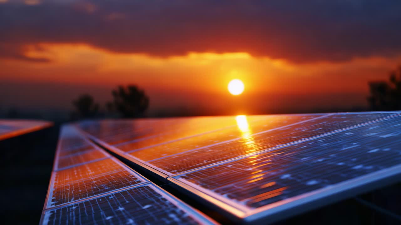 Stunning Sunset Over Solar Panels Captured in Serene Evening Light, Showcasing Renewable Energy's Beauty and Environmental Importance for Sustainable Future